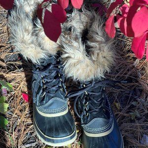 Sorel 'Joan of Arctic" faux fur waterproof snow boot, black suede, size 8